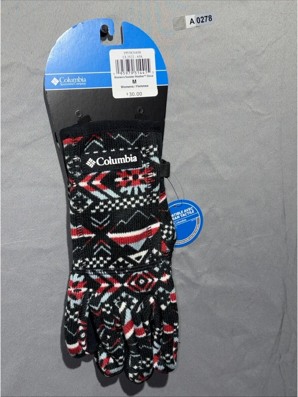 Columbia Womens Medium Knit Gloves Sweater Weather Black Red Blue Red White NWT